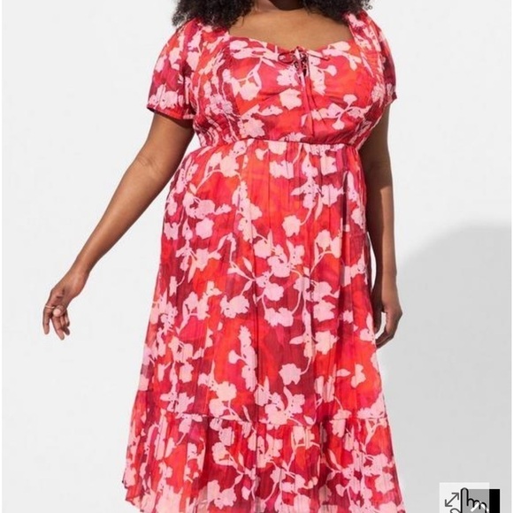 TORRID red floral Midi Cotton Clip Dot Lace Up Smocked Dress - Picture 4 of 7